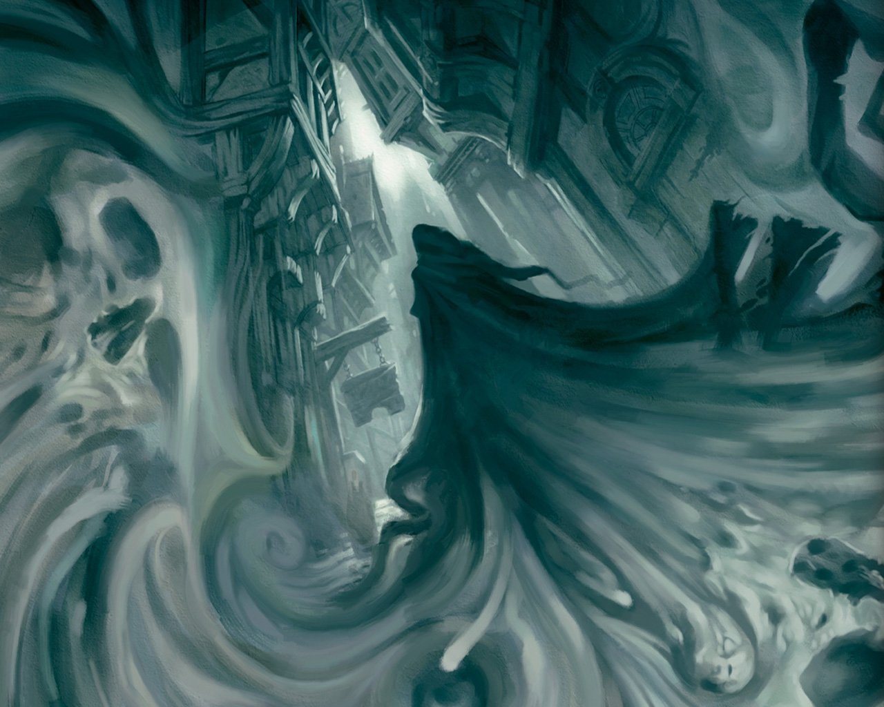 An abstract artistic depiction featuring swirling shadows and a mysterious figure in a dimly lit architectural landscape, creating an eerie and atmospheric scene.
