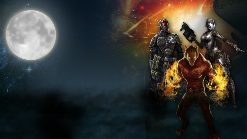 A man-made digital artwork featuring three WolfTeam characters poised for battle against a dark, moonlit night sky.