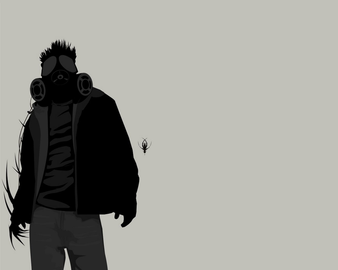 A silhouette of a figure wearing a gas mask stands against a muted background, with a small spider nearby, conveying a sense of tension and military themes.