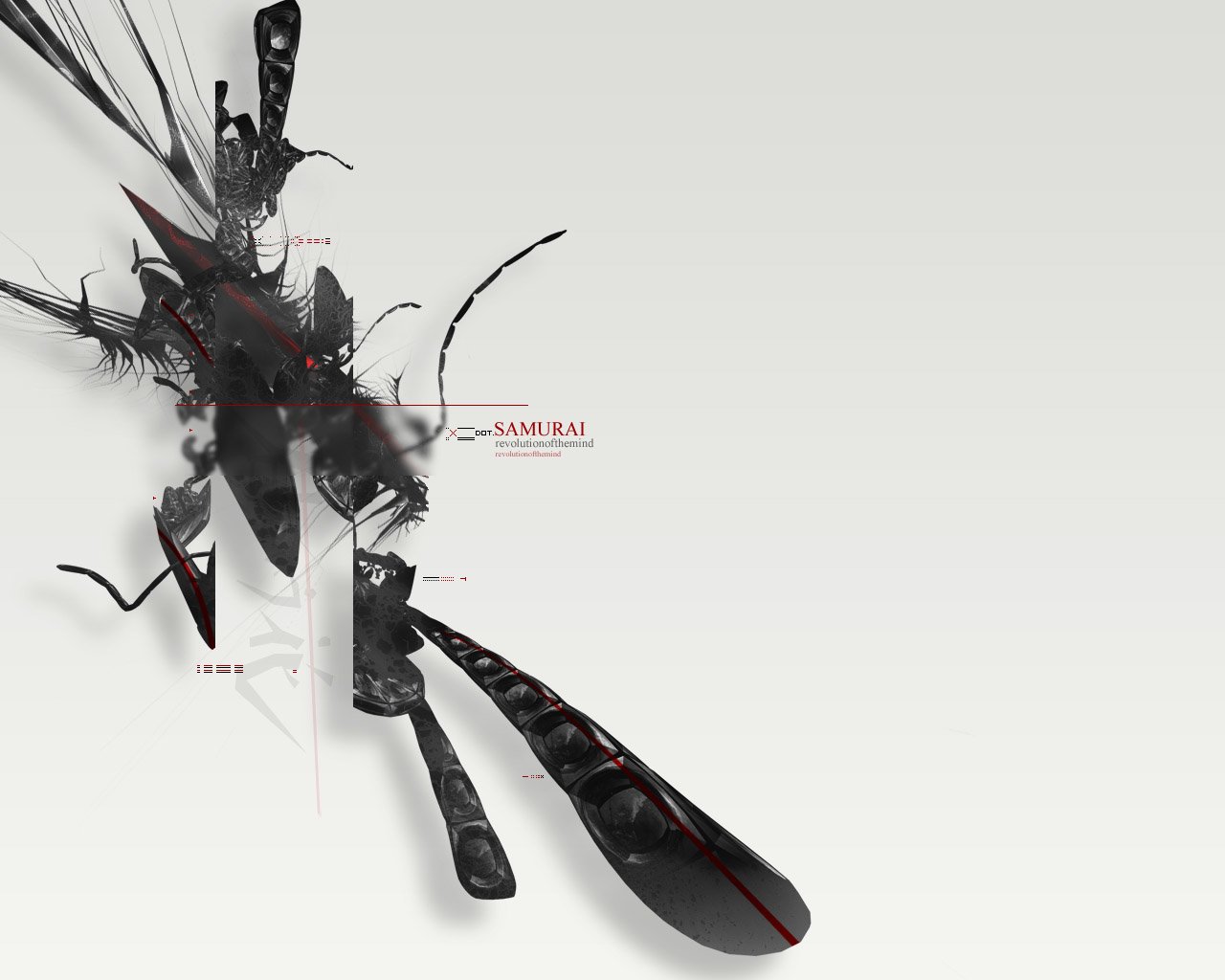 An abstract composition in black against a soft white backdrop, featuring intricate shapes and forms that evoke a sense of dynamic movement and artistry. The word SAMURAI is integrated into the design.