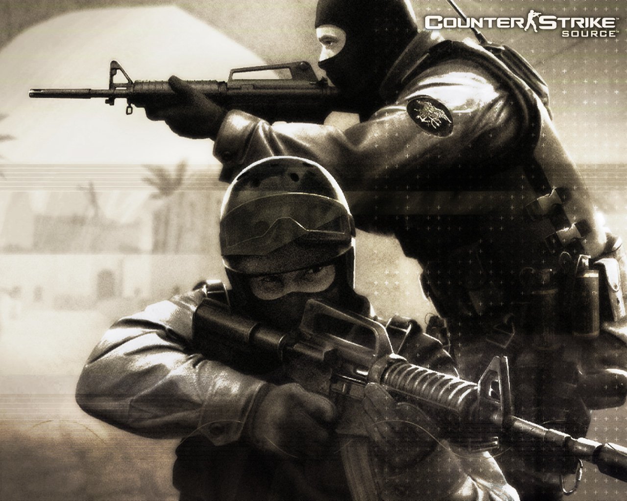 Two masked characters equipped with rifles are depicted in a tense scene from the video game Counter Strike, standing ready for action in a gritty, tactical environment.