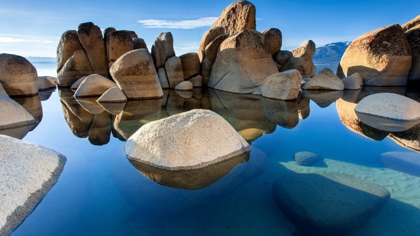 A serene lake scene featuring smooth rocks jutting from the clear water, reflecting the calm blue sky and enhancing the natural beauty of the landscape.