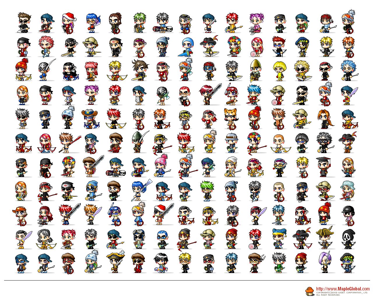 Grid of dozens of small MapleStory video game character sprites displaying varied classes, outfits, weapons and hairstyles in colorful pixel-art style.