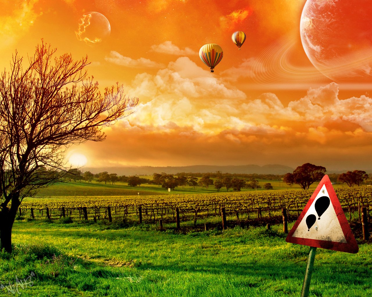A dreamy landscape features vibrant clouds and a setting sun, with hot air balloons drifting above lush fields, a distant planet visible in the sky, and a caution sign in the foreground.