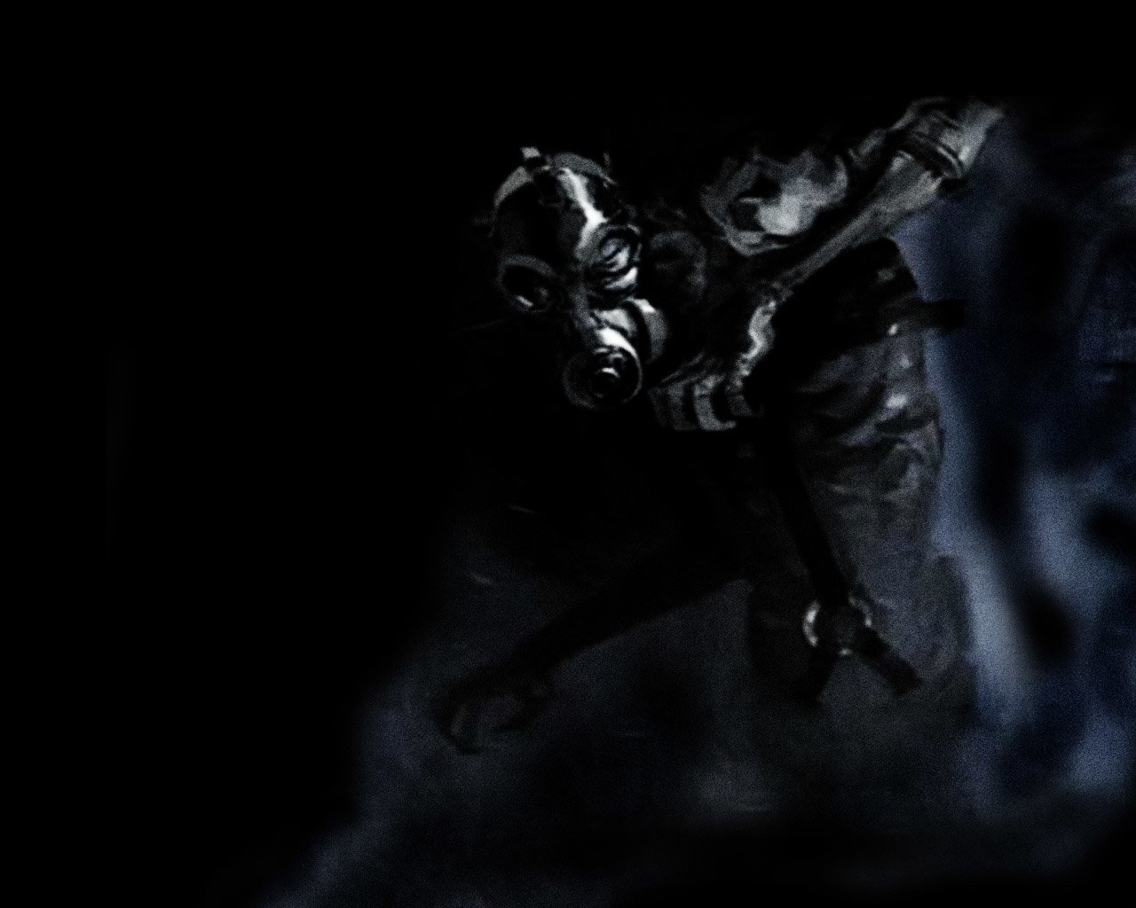 A shadowy figure in military gear wears a gas mask, emerging from a dark background, evoking a sense of mystery and tension in a hazardous environment.