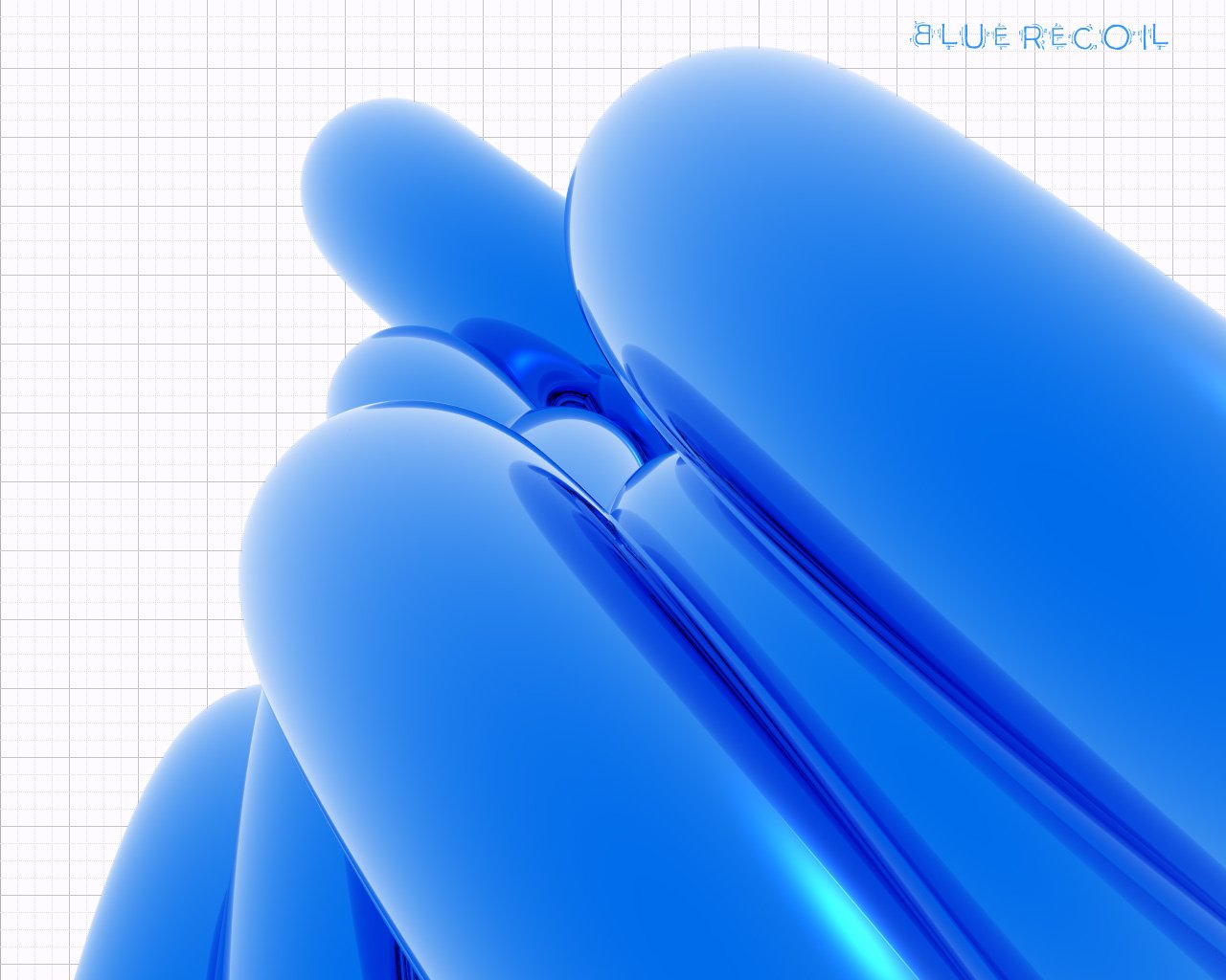 An abstract composition featuring smooth, curving blue shapes that intertwine, creating a visually captivating texture against a subtle grid background.