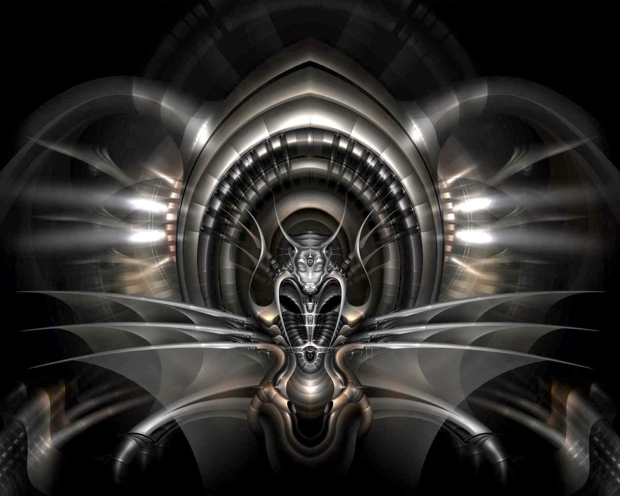 A striking sci-fi image featuring a futuristic cyborg figure set against a dark, intricate background, characterized by metallic textures and dynamic shapes.