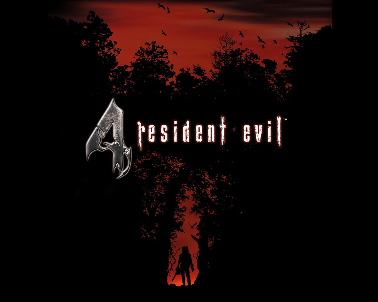 A dark, atmospheric image featuring the title Resident Evil 4 in bold typography, set against a silhouette of trees and a striking red sky, evoking the game's intense horror vibes.
