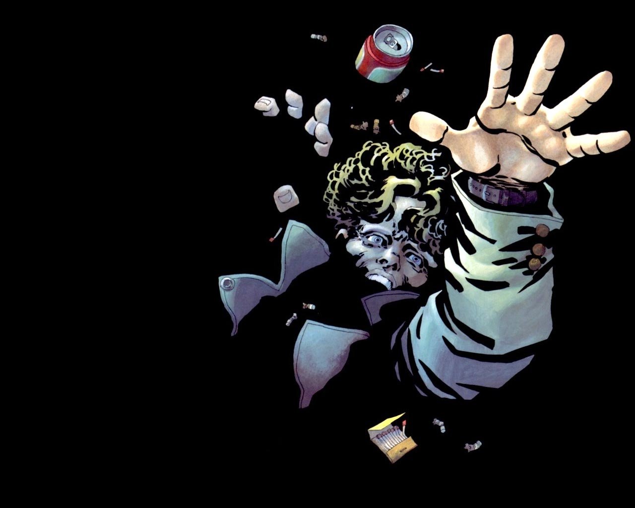 Dramatic comic-style image inspired by Sin City, featuring a distressed figure reaching out amidst scattered objects against a dark background.