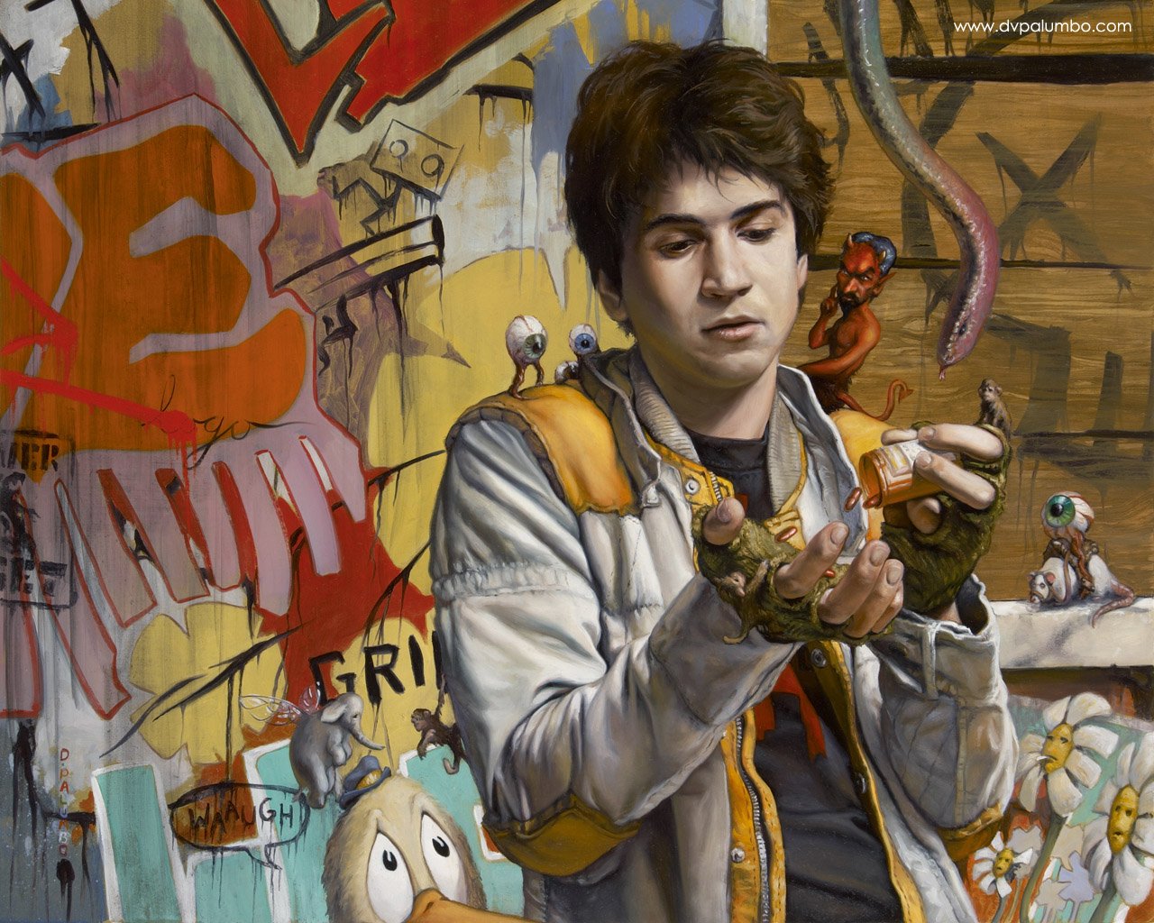 A young man examines a small object in a vibrant, graffiti-filled backdrop, showcasing an artistic blend of human expression and urban culture.