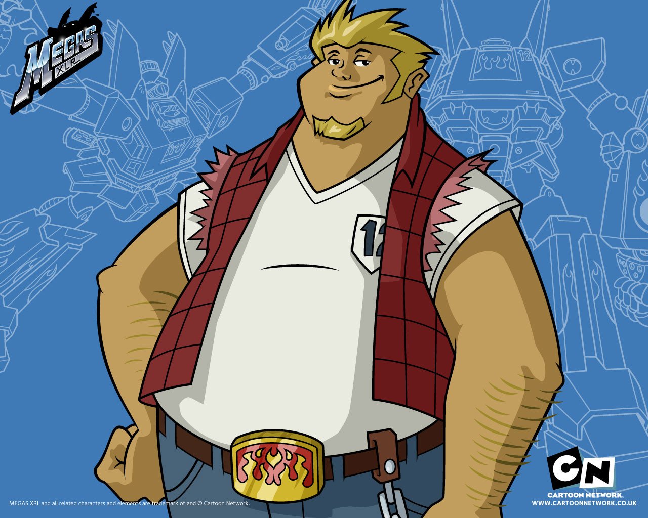 Character Coop from the TV show Megas XLR stands confidently with a blue background featuring mechanical robot outlines and the Megas XLR logo.