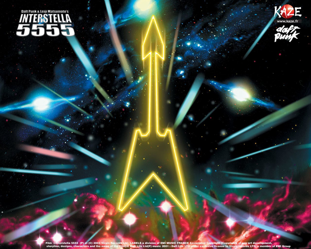 A vibrant cosmic scene featuring a glowing arrow, representing Daft Punk's anime film Interstella 5555: The 5tory of the 5ecret 5tar 5ystem. Stars and colors fill the background.