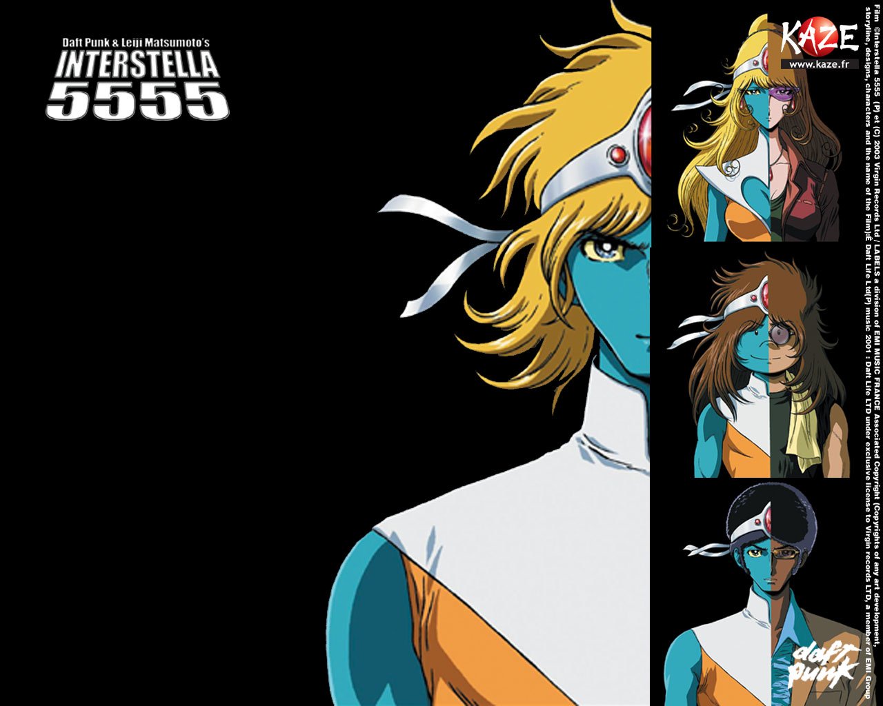 Anime characters from Daft Punk's Interstella 5555: The 5tory of the 5ecret 5tar 5ystem are featured, showcasing vibrant designs with bold colors and distinct hairstyles.