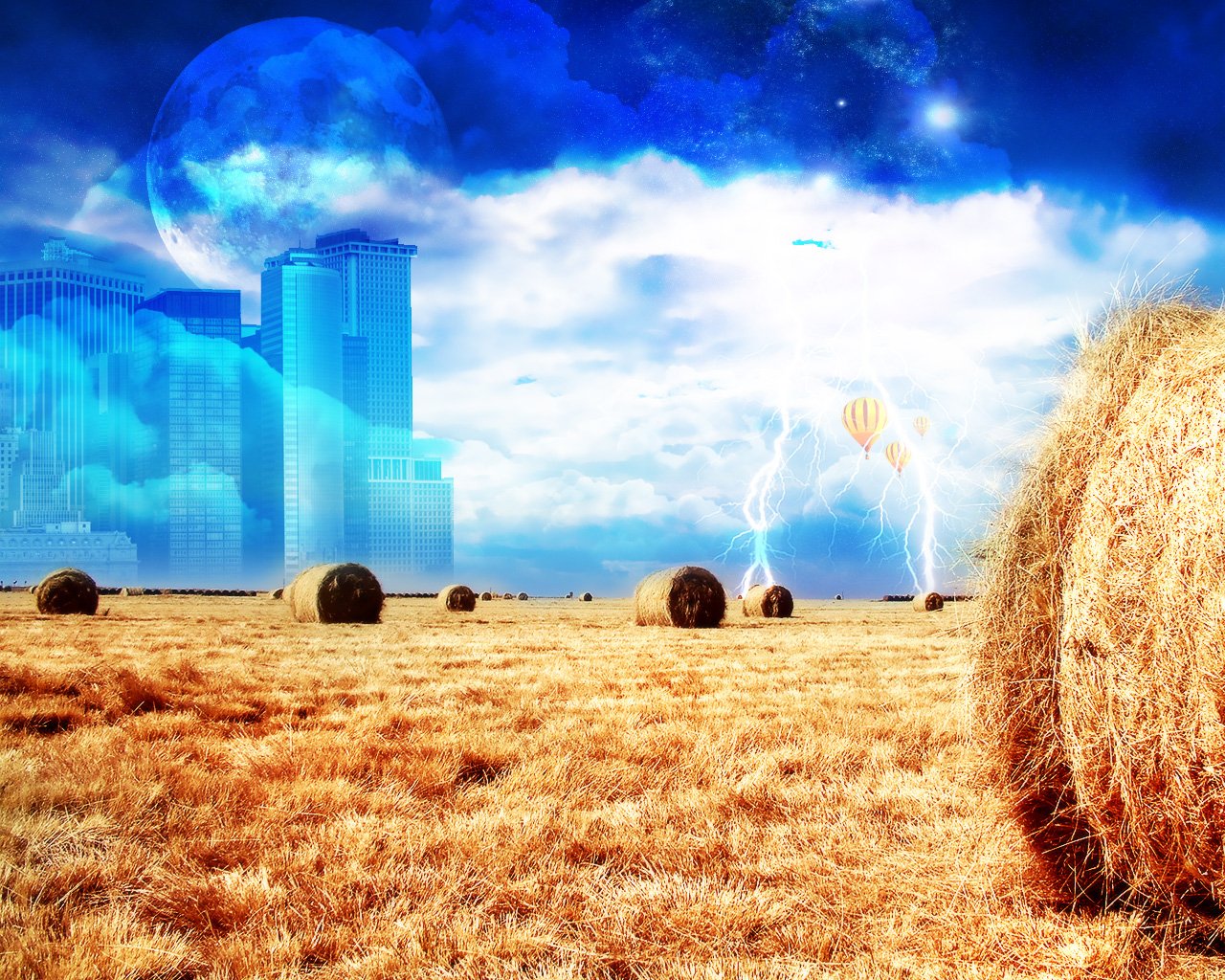 A dreamy landscape features a haystack under a vibrant moonlit sky, with a hot air balloon drifting amidst lightning strikes and distant city silhouettes.