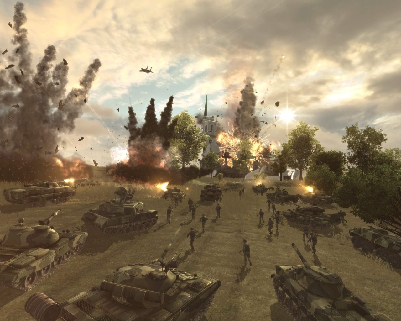 Screenshot from the video game World In Conflict depicting an intense battlefield with tanks, soldiers, explosions, and aircraft under a dramatic sky.