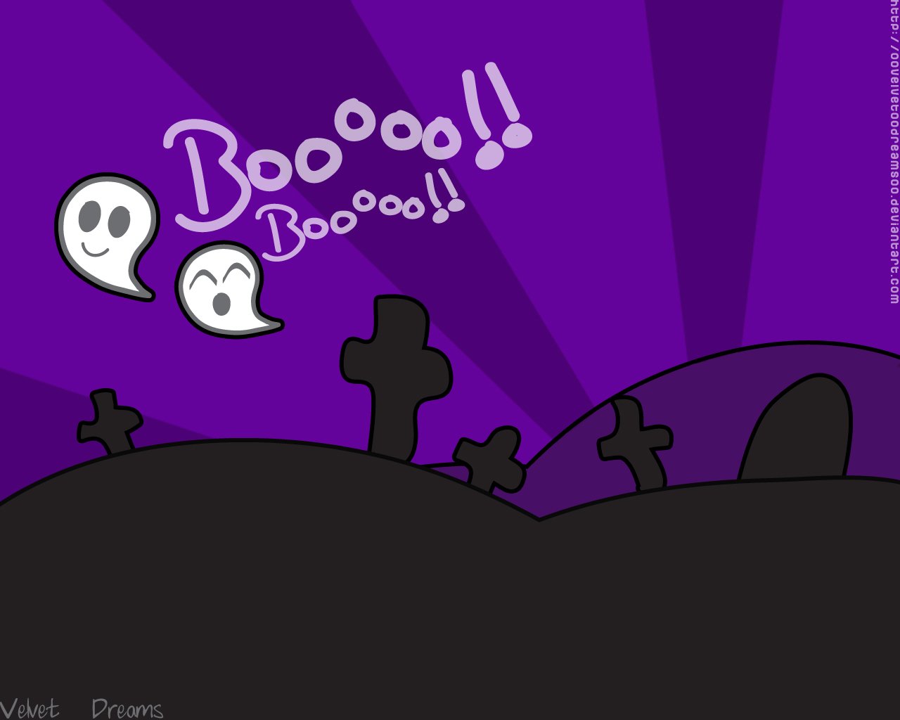 A whimsical Halloween scene featuring ghostly figures and silhouetted tombstones against a vibrant purple background, capturing the essence of a spooky cemetery celebration.