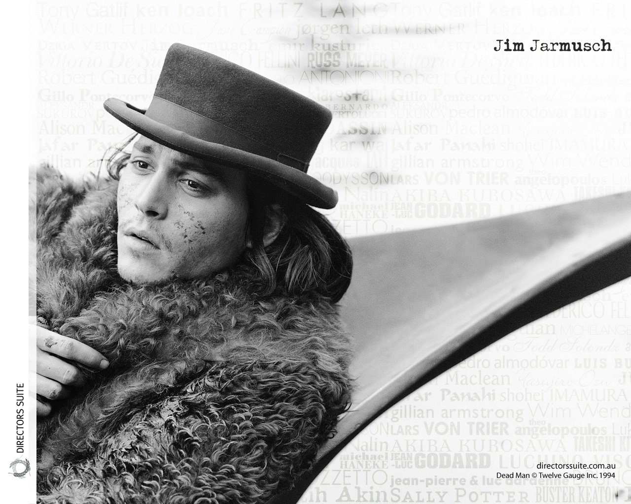 A black-and-white image of Johnny Depp in a fur coat and hat, portraying his character in Jim Jarmusch's movie Dead Man, exuding a thoughtful and rugged demeanor.