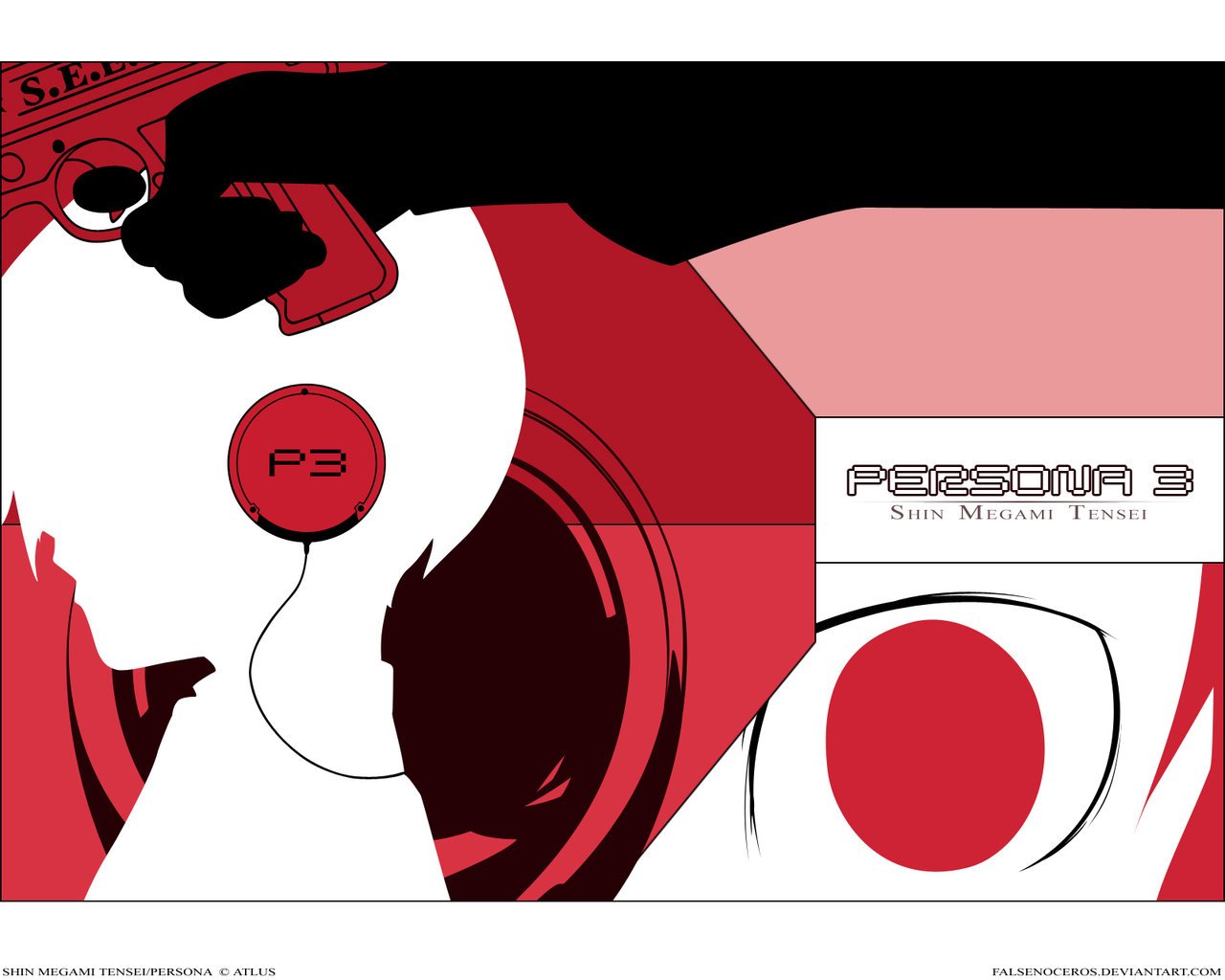 A stylized graphic from the video game Persona 3, featuring a figure holding a gun near a head silhouette, with bold red and black colors accentuating the imagery.