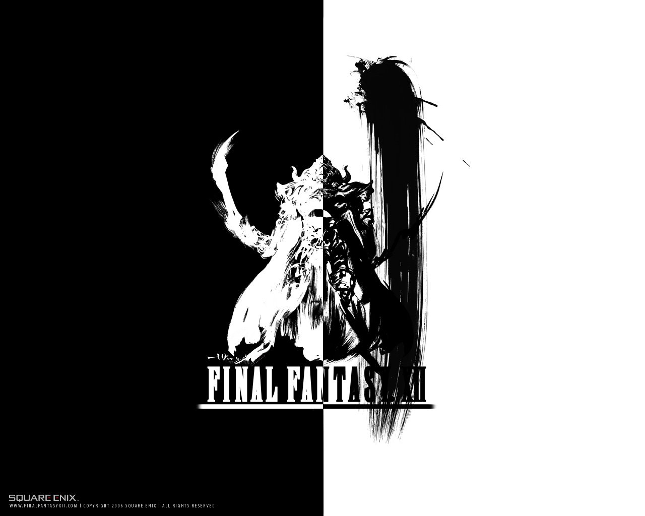 Minimalist black and white artwork featuring the title Final Fantasy XII, showcasing striking contrasts and artistic elements related to the iconic video game.