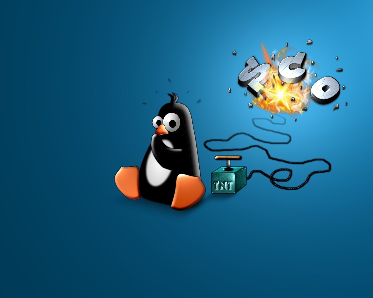 A playful penguin mascot representing Linux sits beside an explosive device, symbolizing technology and innovation in the Linux community.