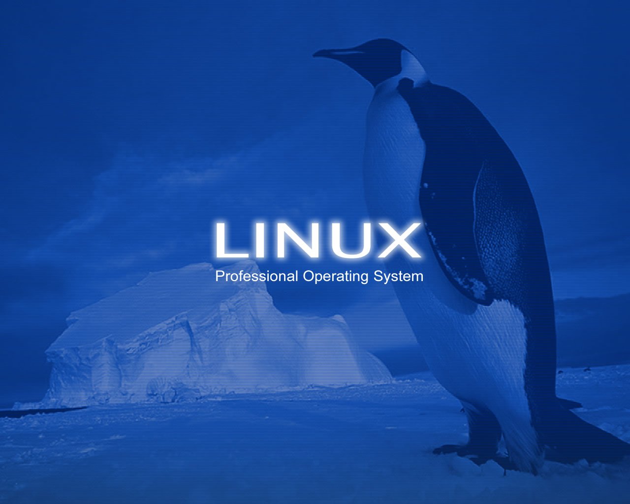 A penguin stands on icy terrain with the text LINUX Professional Operating System overlayed, symbolizing technology and the Linux operating system's unique identity.