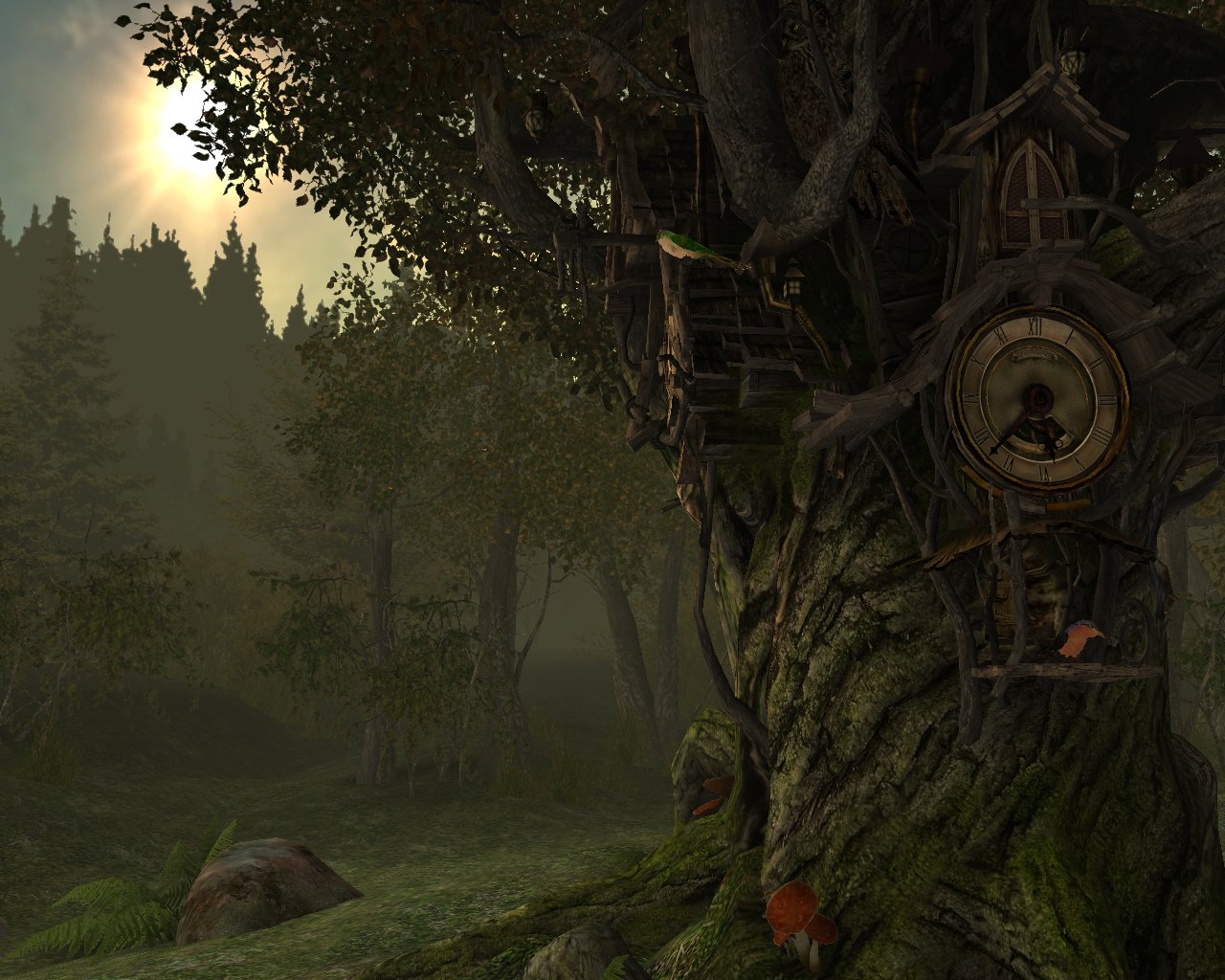 A whimsical treehouse nestled in a grand tree, blending seamlessly with a fantasy landscape, surrounded by lush greenery and illuminated by a warm, hazy sunlight.