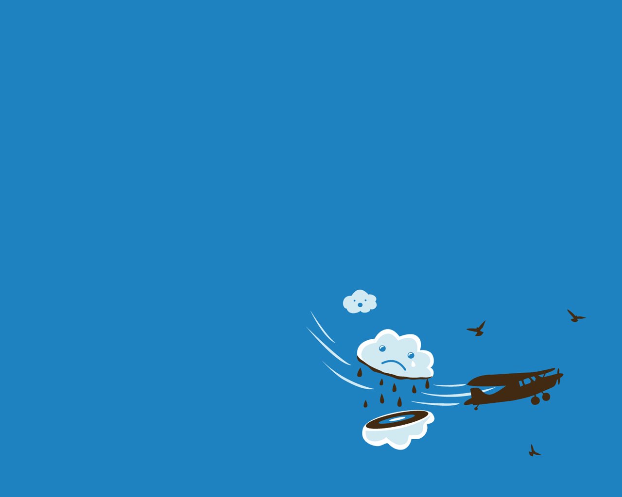 A whimsical illustration shows a plane flying through a bright blue sky, with clouds and a funny rain cloud underneath, adding a lighthearted touch to the scene.