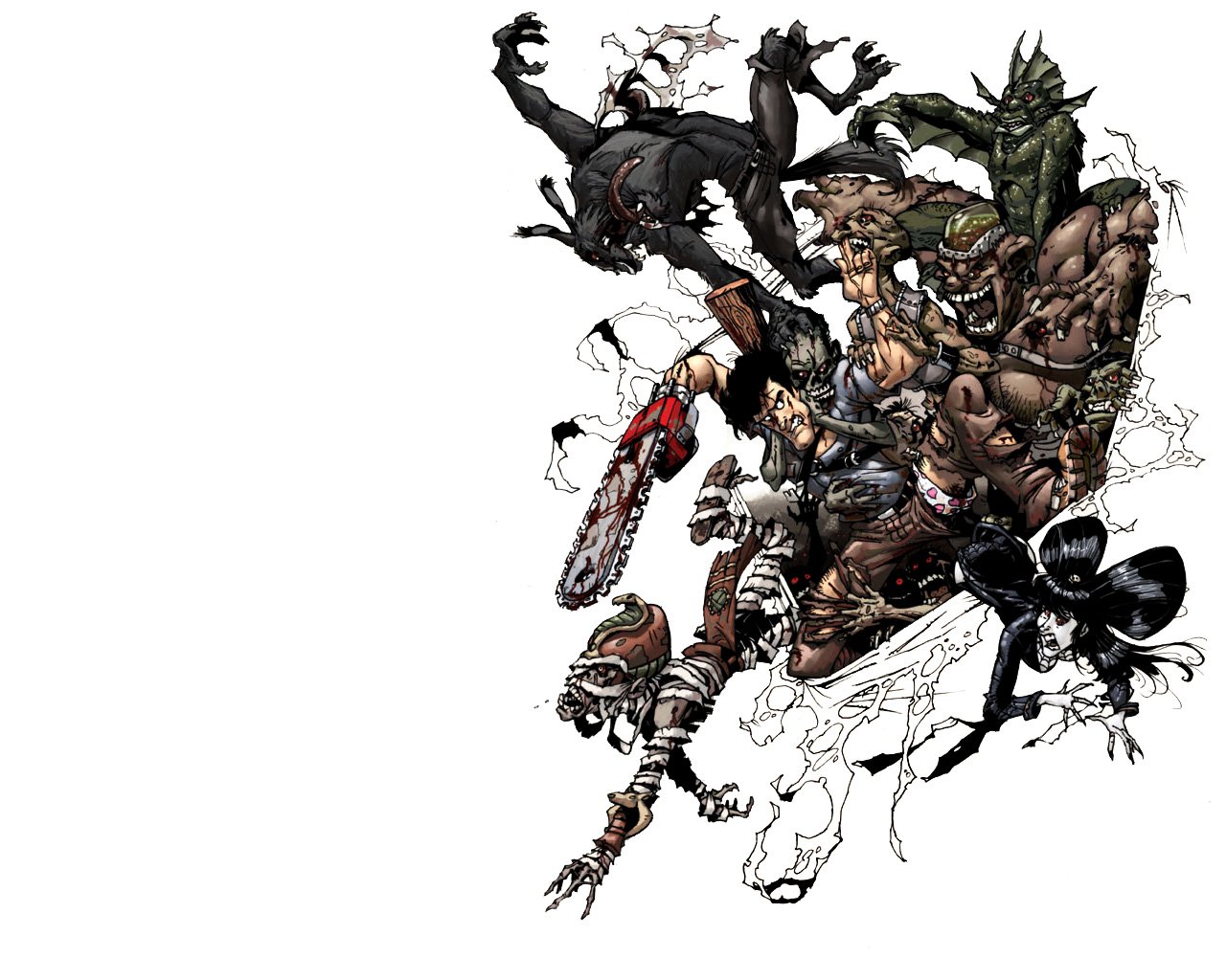 A dynamic, dark illustration features a group of fierce, fantastical characters in action, showcasing their unique designs and intense expressions against a stark background.