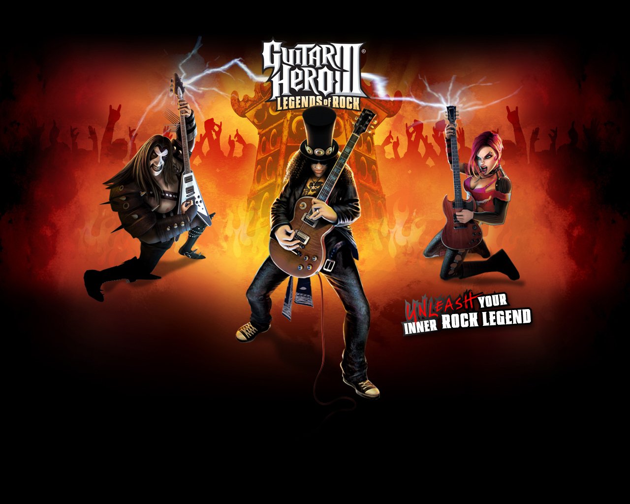 Three animated rock musicians, each playing guitars, showcase the energetic vibe of Guitar Hero III: Legends of Rock against a fiery background. The title invites players to unleash their inner rock legend.
