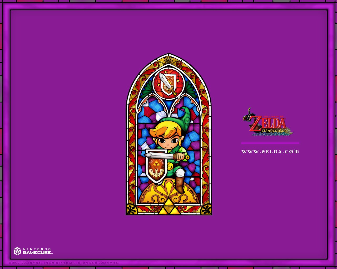 Stained glass-style artwork of Link from The Legend of Zelda: The Wind Waker, holding a sword and shield against a vibrant purple background.