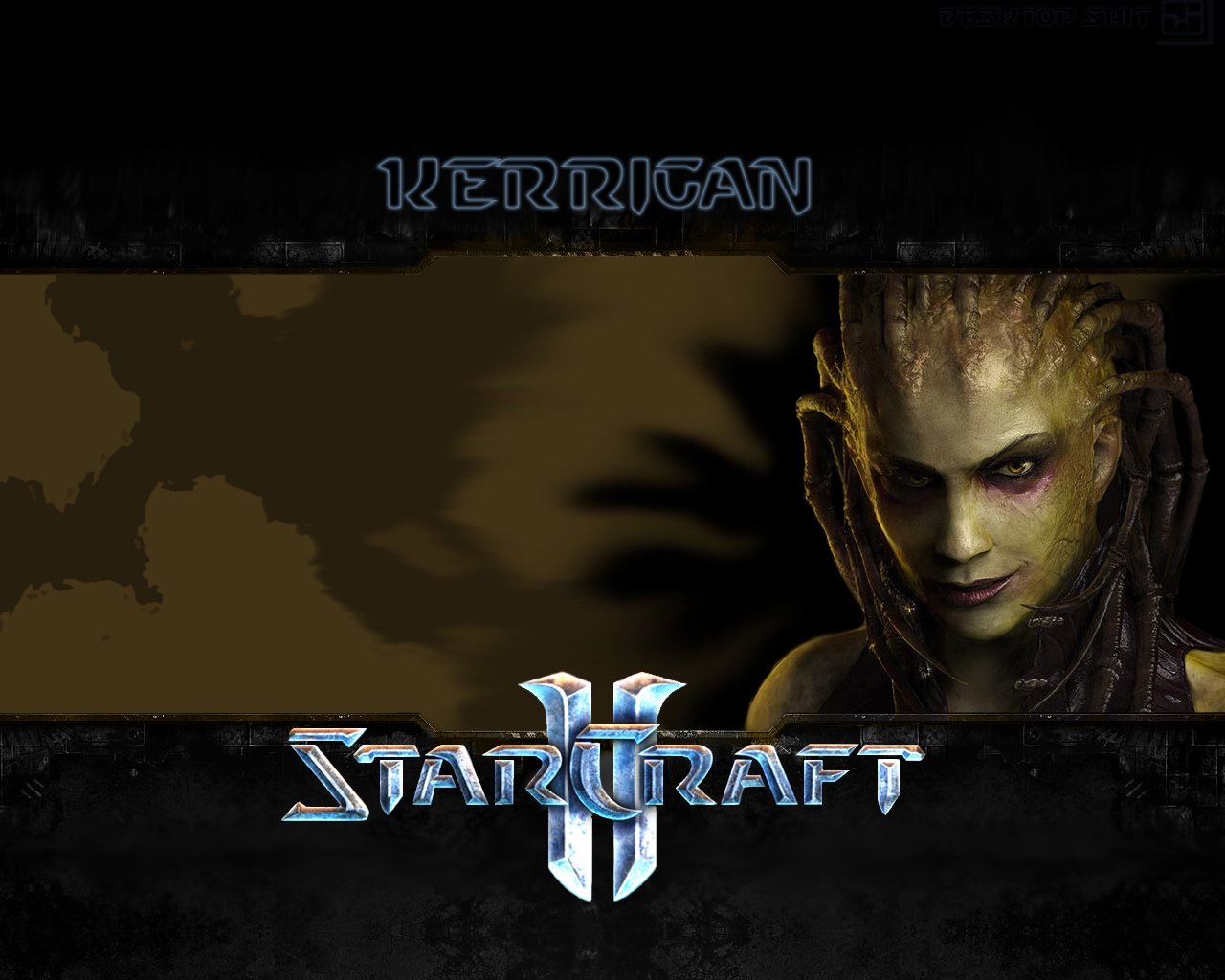 A close-up of Kerrigan from the video game Starcraft, featuring her distinctive features and fierce expression against a dark background.