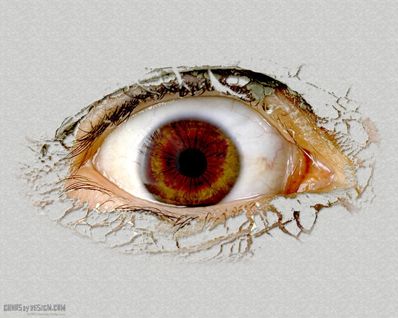An artistic representation of an eye, showcasing intricate details and textures, featuring a striking brown iris surrounded by a cracked surface.