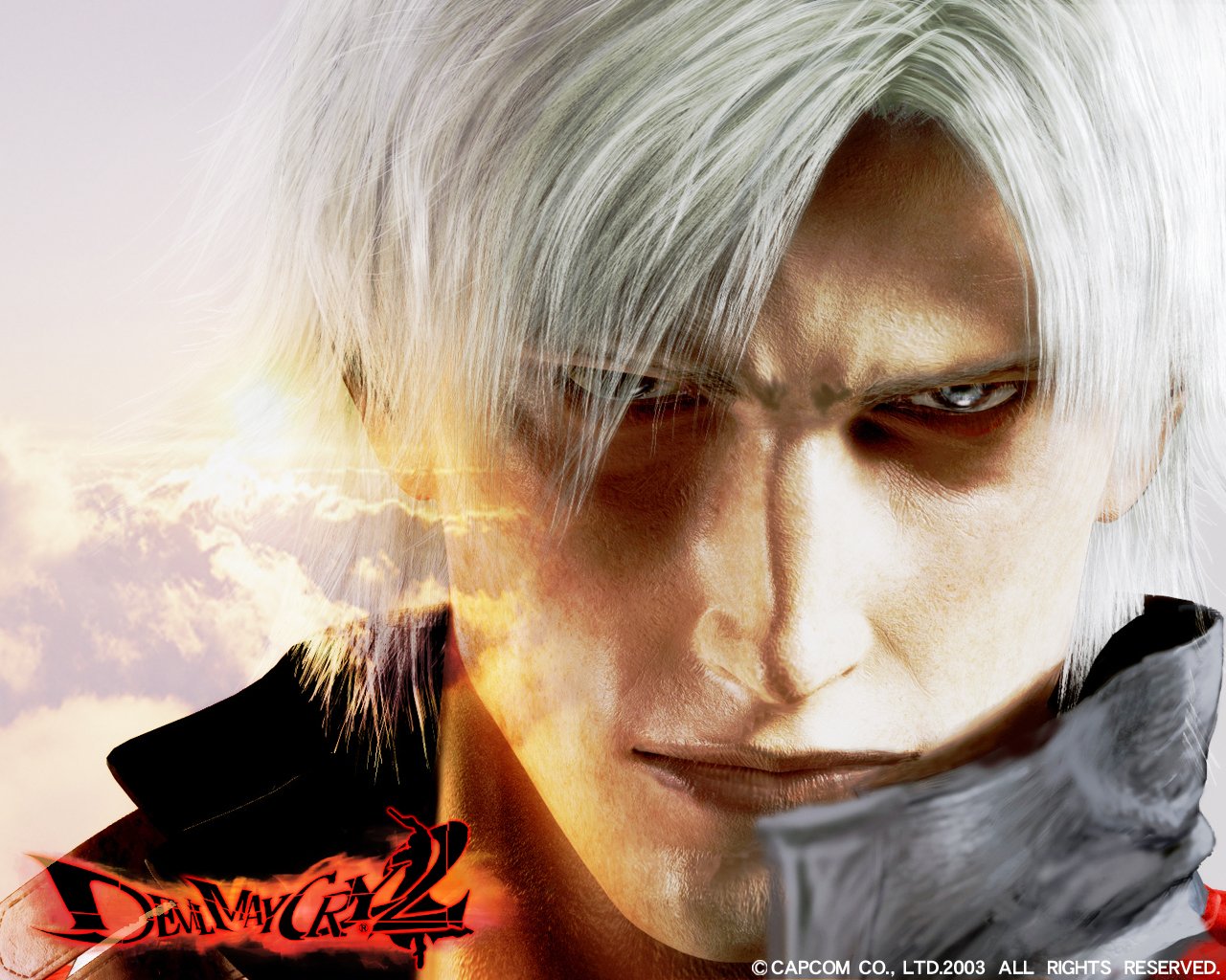 A close-up of a character from the video game Devil May Cry 2, showcasing a serious expression and striking white hair against a dramatic background.