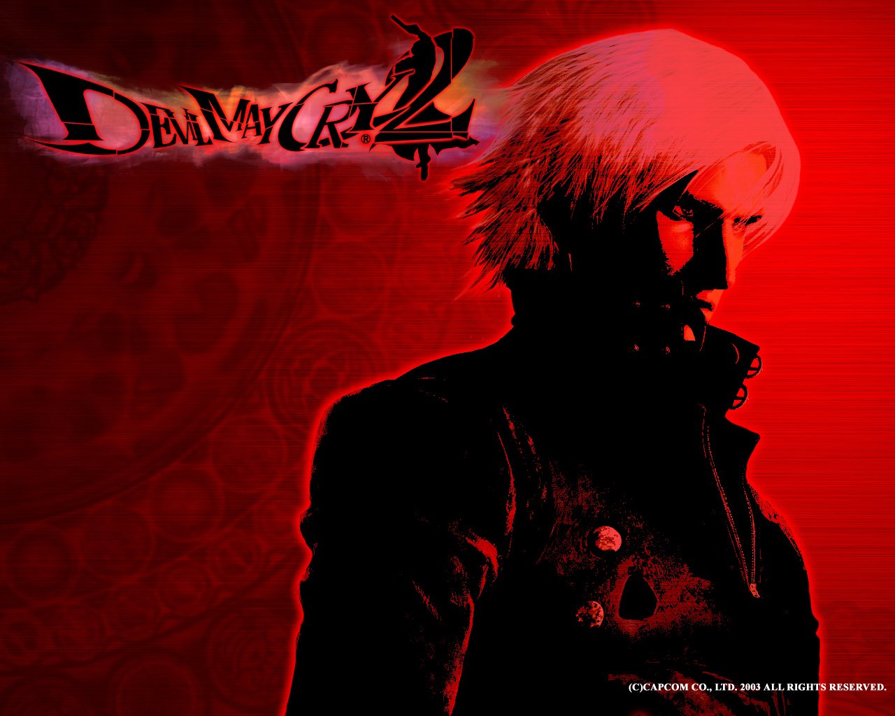 A striking image from the video game Devil May Cry 2, featuring a silhouette of a character against a bold red background, emphasizing a dark, gothic aesthetic.