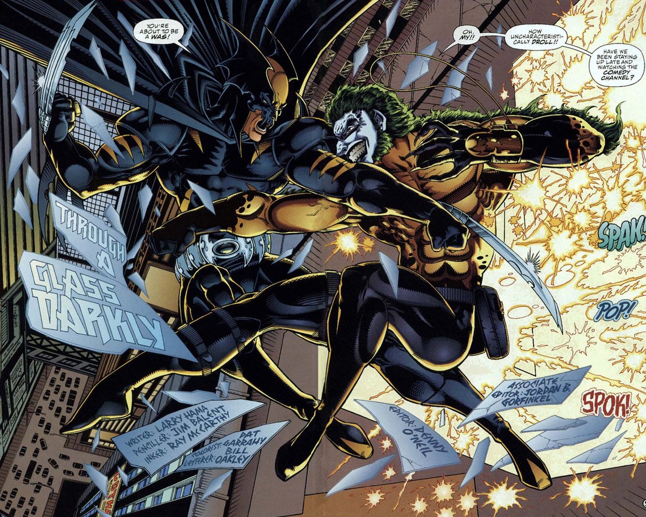 Dark Claw, a fusion of Batman, battles Hyena in a dynamic comic scene, showcasing intense action amidst a backdrop of shattered glass and vibrant sound effects.