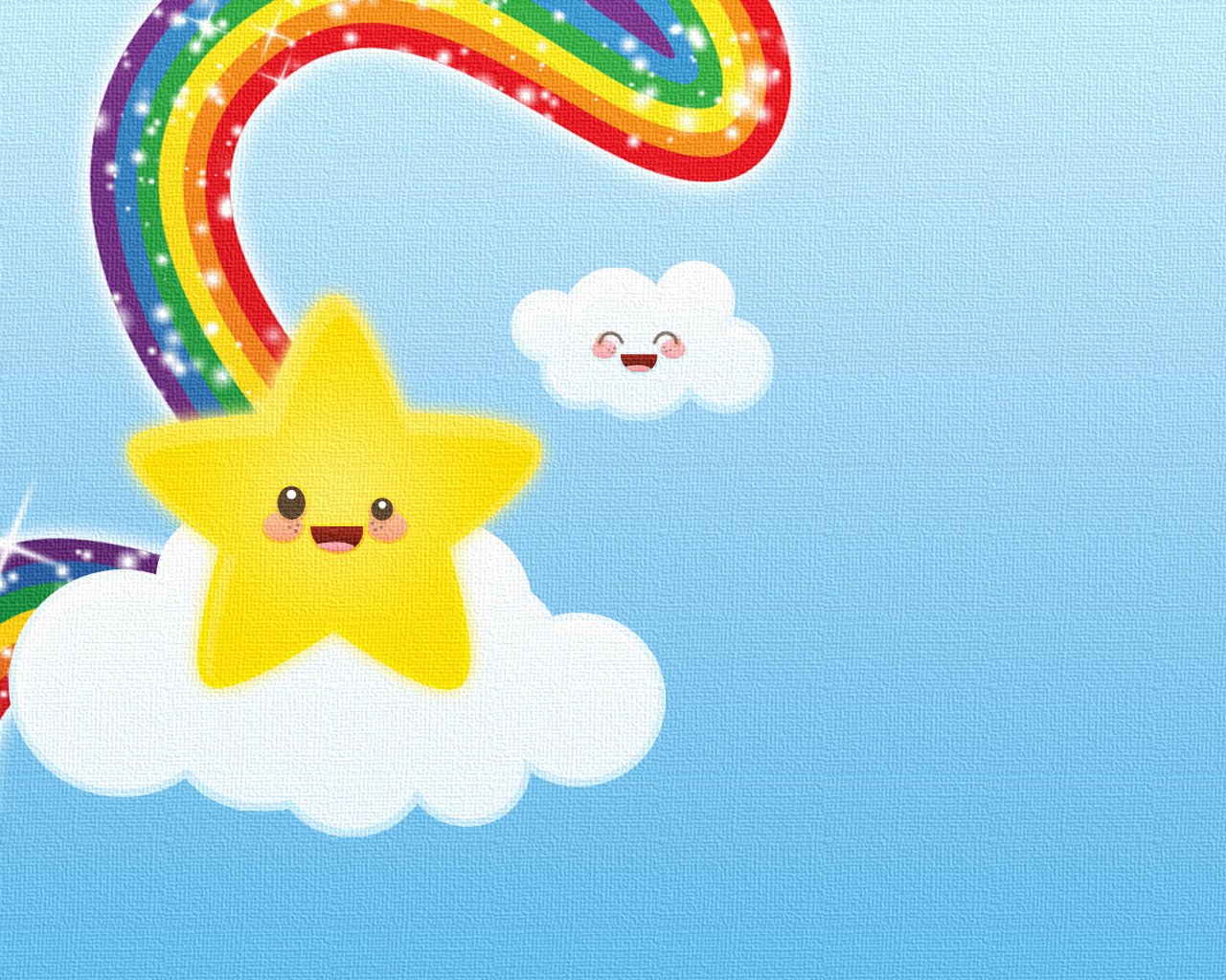 A cheerful yellow star smiles from fluffy white clouds, with a colorful rainbow arching above in a bright blue sky, evoking the playful spirit of a TV show environment.