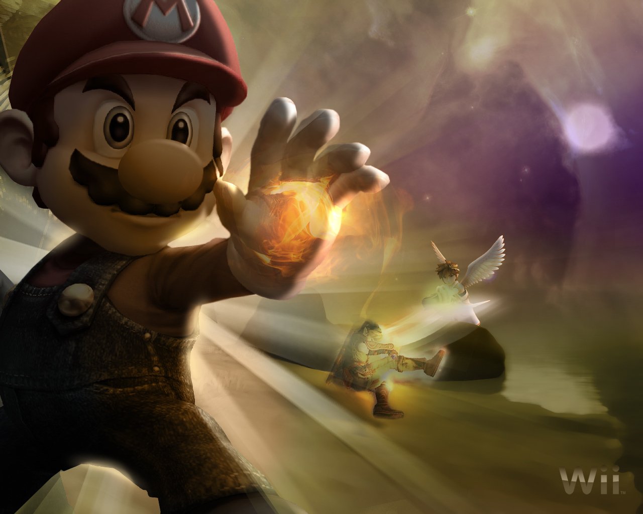 Mario from Super Smash Bros. Brawl wields an orb of energy, with Link and Pit from Kid Icarus in action behind him. The vibrant scene captures Nintendo's iconic video game characters.