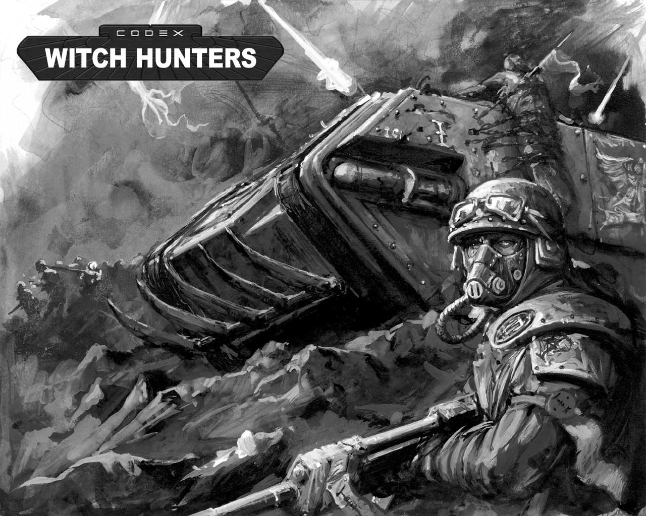 A gritty black-and-white illustration from the Warhammer universe, featuring a soldier in gas mask gear amidst the wreckage of a vehicle, titled Codex: Witch Hunters.