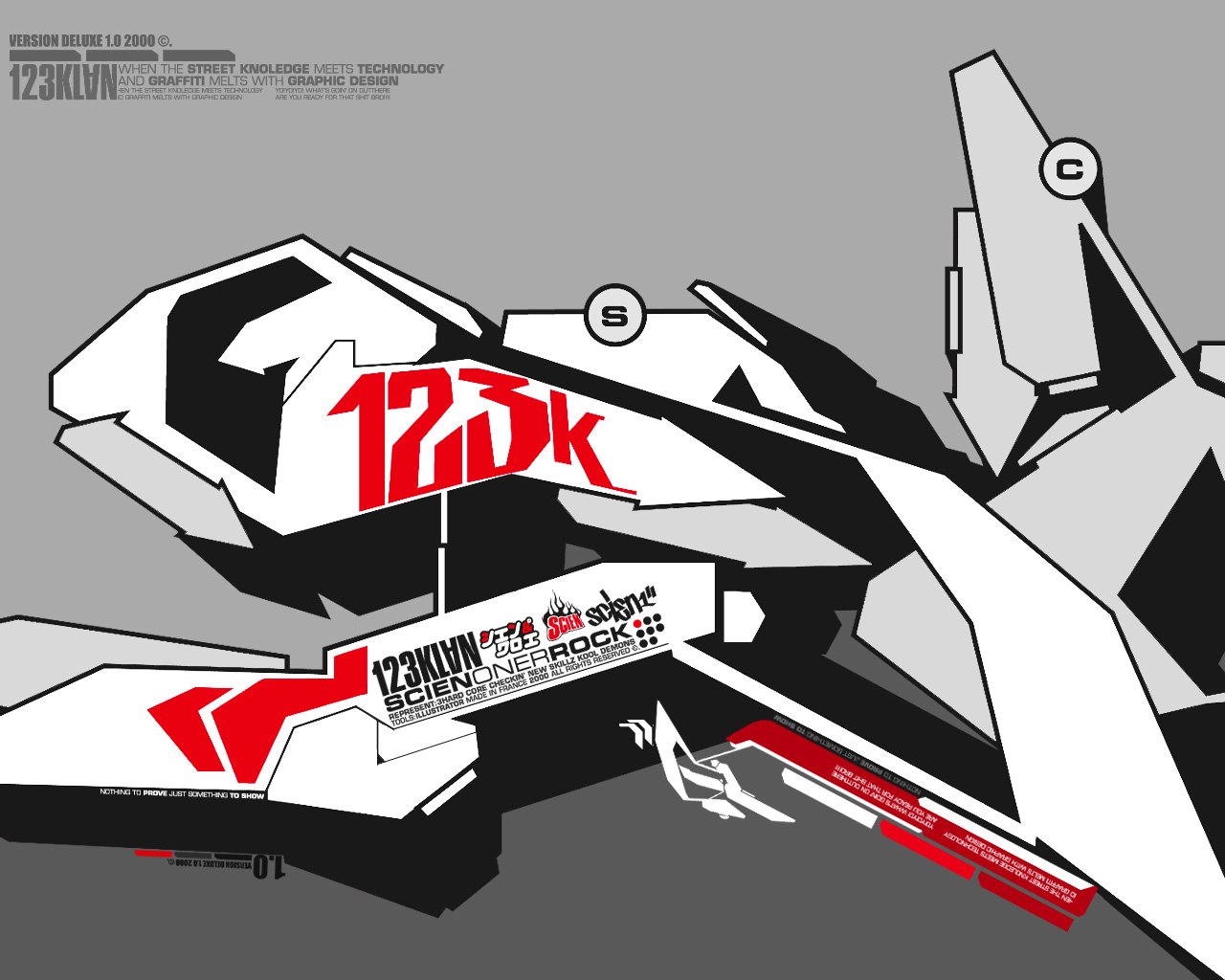 A dynamic graffiti artwork featuring bold geometric shapes and striking red and black accents, showcasing the text 123k and other stylized elements against a gray background.