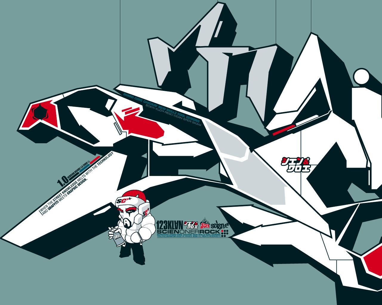 A dynamic piece of graffiti art featuring bold shapes and vibrant colors, showcasing an artistic blend of elements that draws the viewer's attention.