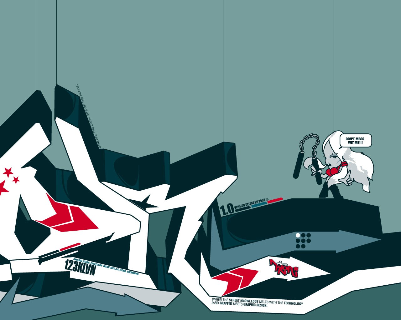 An artistic graffiti piece features bold shapes and vibrant colors, showcasing dynamic energy and creativity in urban art. A character wields a chainsaw amidst the striking design.