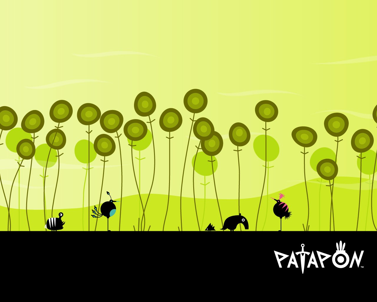 A vibrant, stylized landscape features unique creatures from the video game Patapon, set against a green backdrop with whimsical trees and flora.