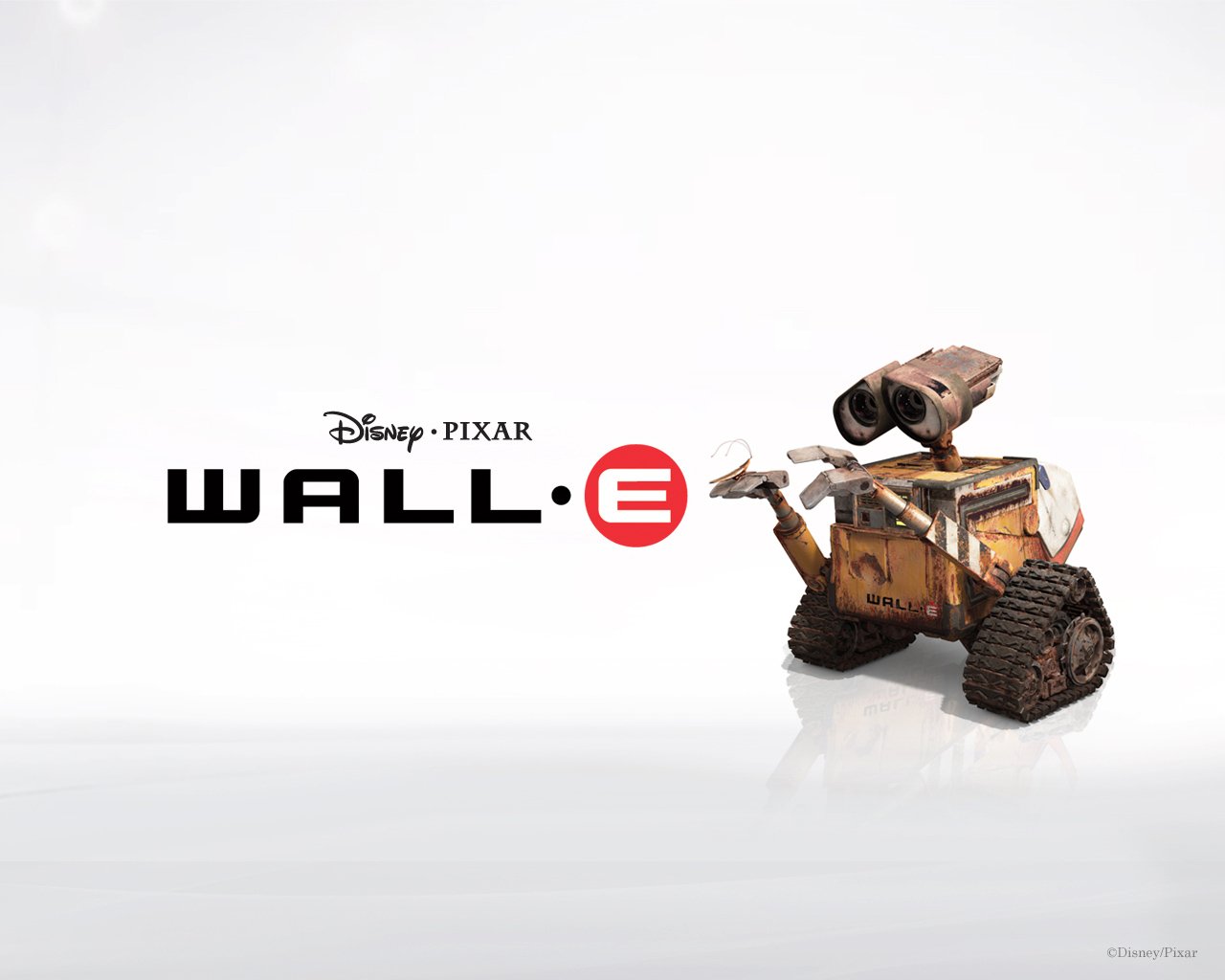 A promotional image for the Disney·Pixar movie Wall·E features the charming robot Wall·E against a minimalist background, highlighting its adventurous spirit and environmental themes.