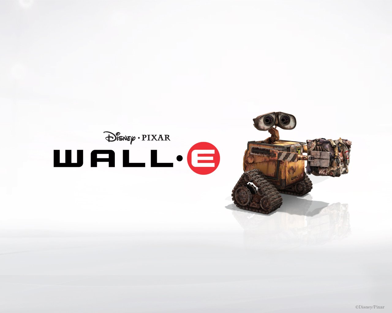 A promotional image featuring the character Wall·E from the Disney-Pixar movie, showcasing the robot in a clean, minimalist setting with the film's title displayed prominently.