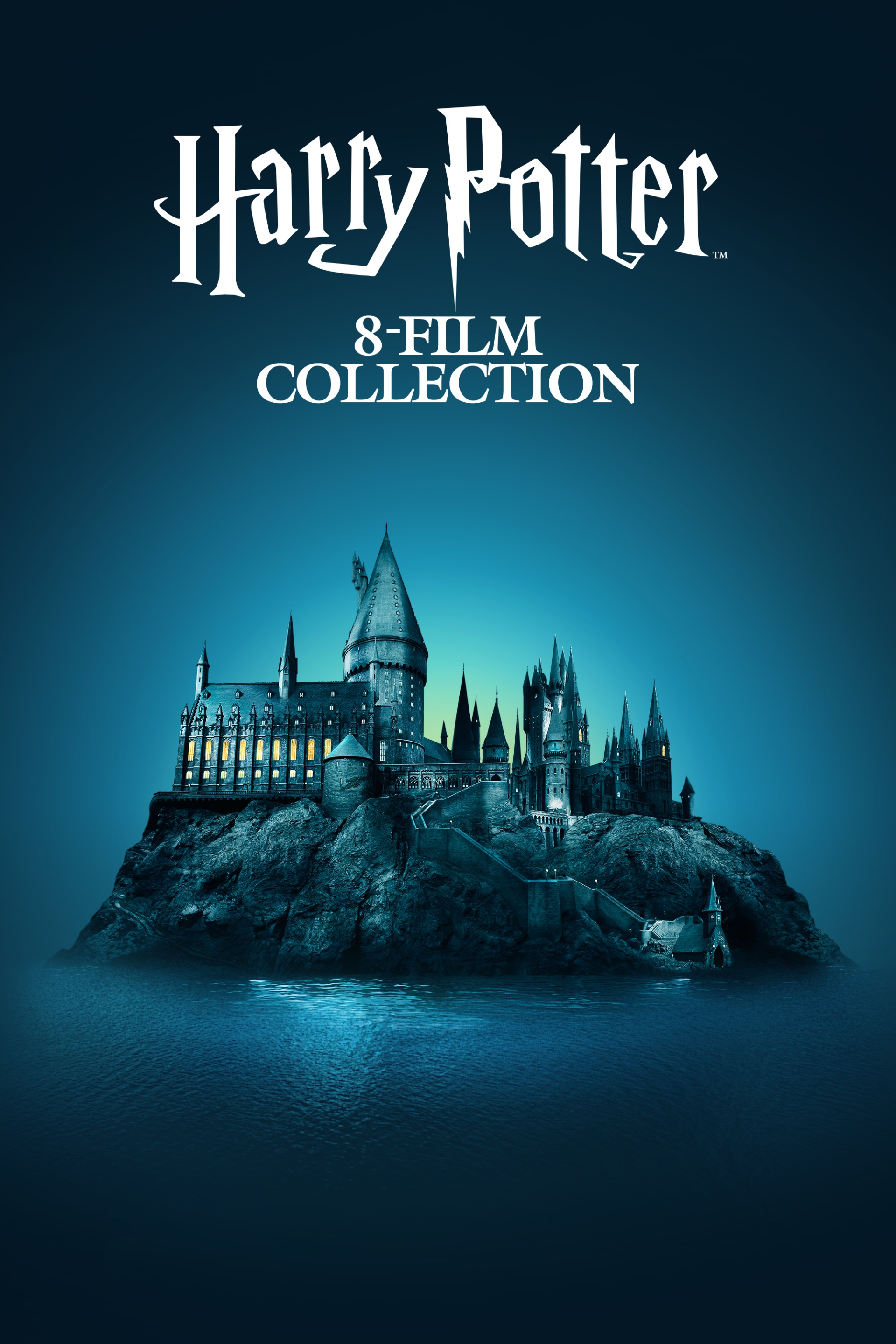 Movie cover: Harry Potter 8-Film Collection logo above a glowing, mist-shrouded Hogwarts castle on a rocky island reflected in dark water.
