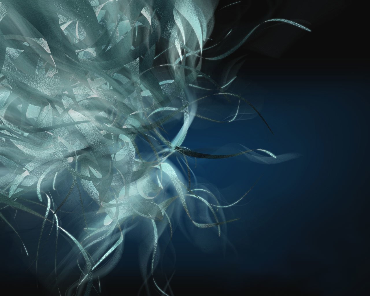 An abstract composition of fluid, swirling shapes and lines in cool tones of blue and silver creates a dynamic and ethereal visual experience.