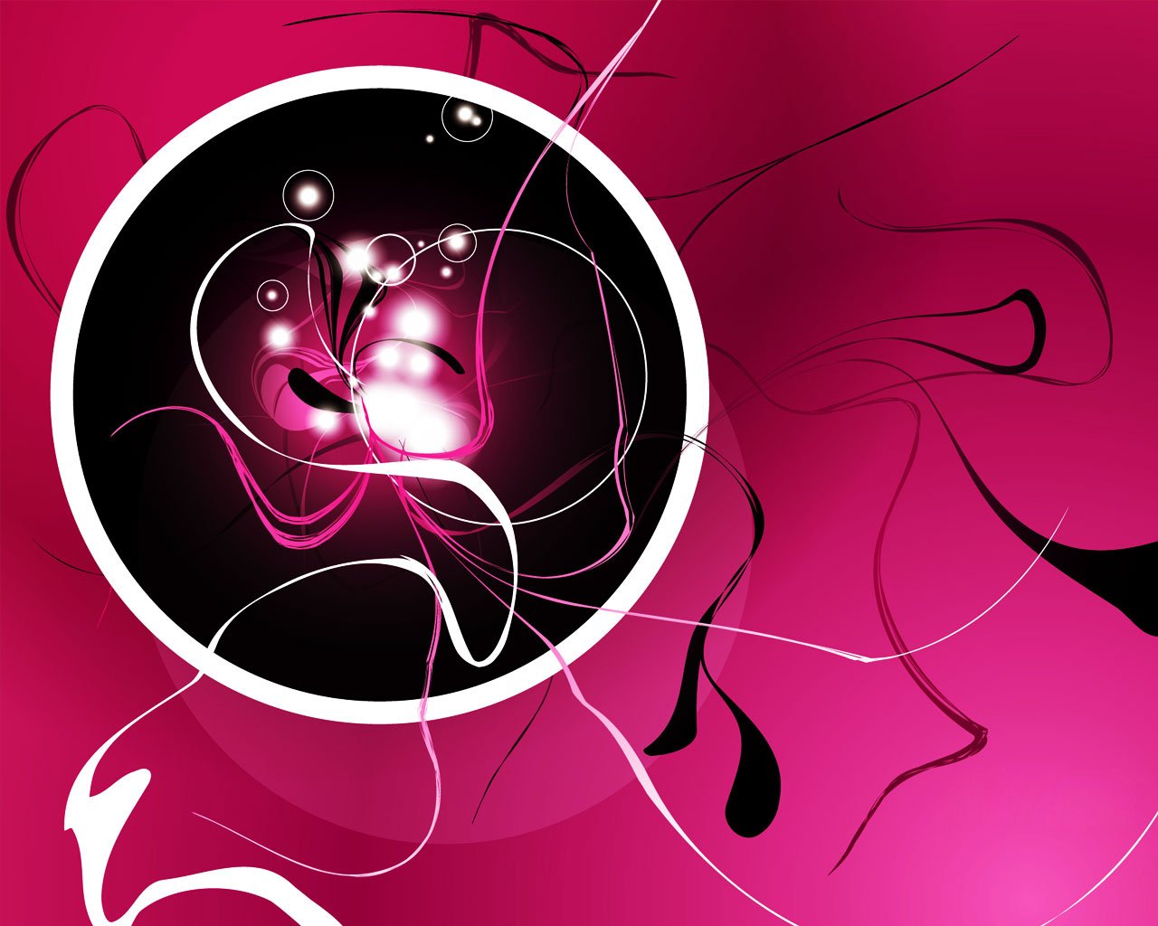 An abstract artistic design featuring a vibrant pink background, flowing lines, and circular shapes with luminous elements, creating a dynamic visual interplay.