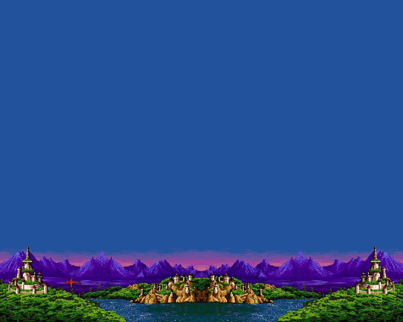 Screenshot from the video game Moonstone - A Hard Days Knight, featuring a vibrant fantasy landscape with castles, mountains, and a central island surrounded by water.