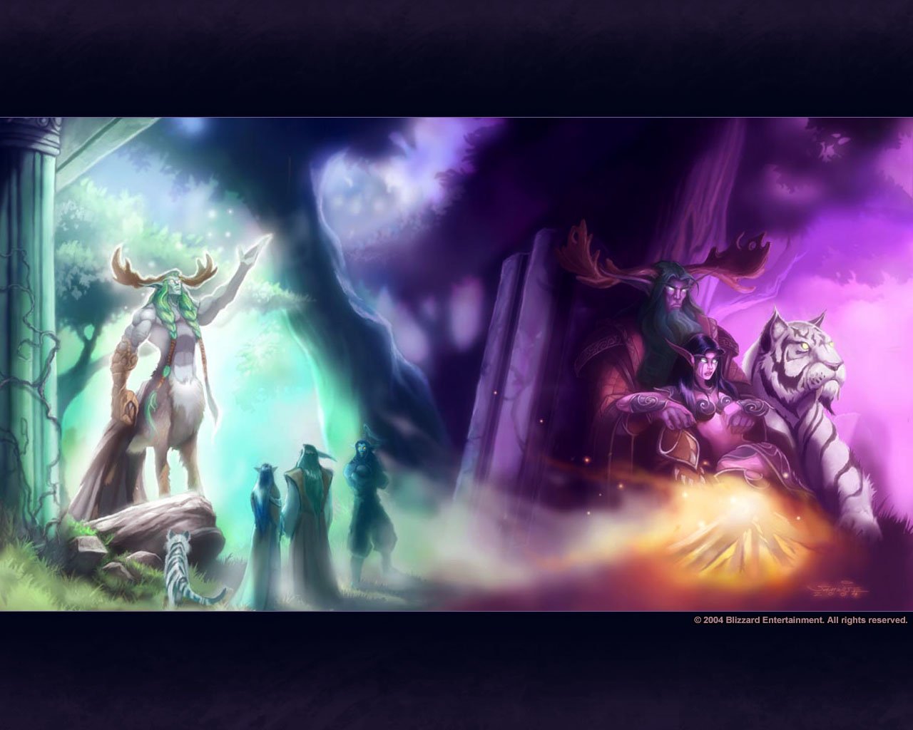 A vibrant illustration from Warcraft, depicting powerful characters amidst mystical landscapes, showcasing themes of nature and magic in a fantasy setting.