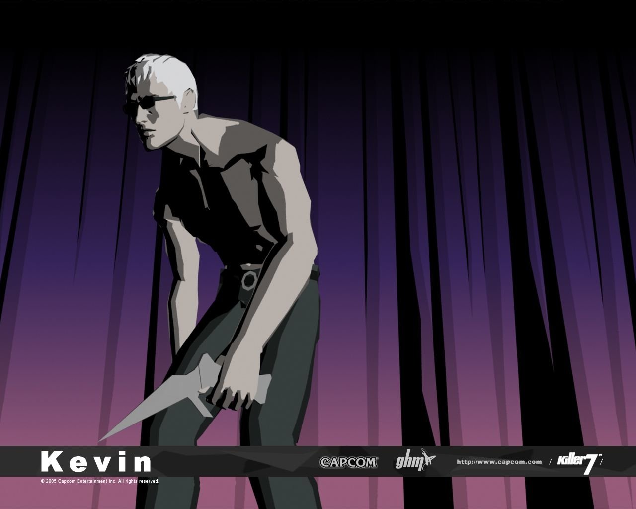 Cel-shaded Kevin from the video game Killer7 crouches holding a large knife against a purple curtain backdrop.